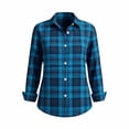 thumbnail image 2 of AKOEE Button Up Plaid Shirts Women Linen Blend Long Sleeve Collared Blouses Dressy Casual Fall Spring Tops, Blue XL, 2 of 5