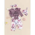 thumbnail image 4 of Newborn Baby Girl Clothes Hello I'm New Here Letter Romper+Floral Pants+Hat+Headband+Coming Home Outfits, 4 of 7