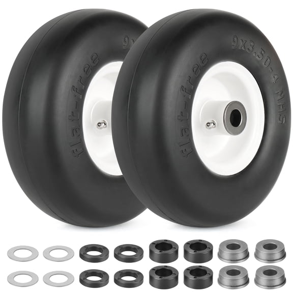 LotFancy 9x3.50-4" Flat Free Tire and Wheel, 2 Pcs Lawn Mower Smooth Tread Tire for Zero Turn Mowers