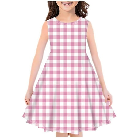 

Geire Summer Dresses for Girls 2024 Sleeveless Crewneck Plaid Printed A-Line Casual Twirl Dresses Everyday Summer Dresses for 4-14 Years