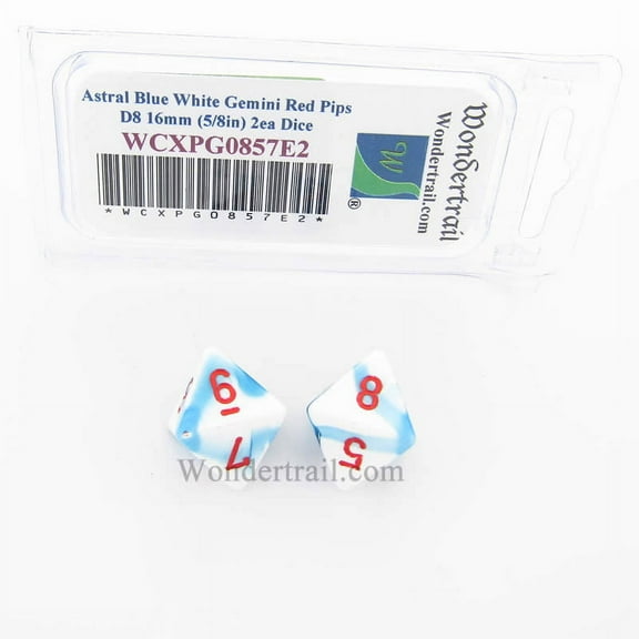 Astral Blue and White Gemini Dice with Red Numbers D8 Aprox 16mm (5/8in) Pack of 2 Wondertrail