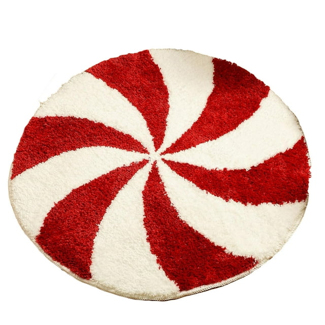 FOCUSNORM Christmas Bathroom Rugs Washable Round Bath Mats Winter Red White Candy Bath Mats Area Non Slip Absorbent Carpets Doormat with Backing for Tub Living Dining Holiday Bedroom Nursery