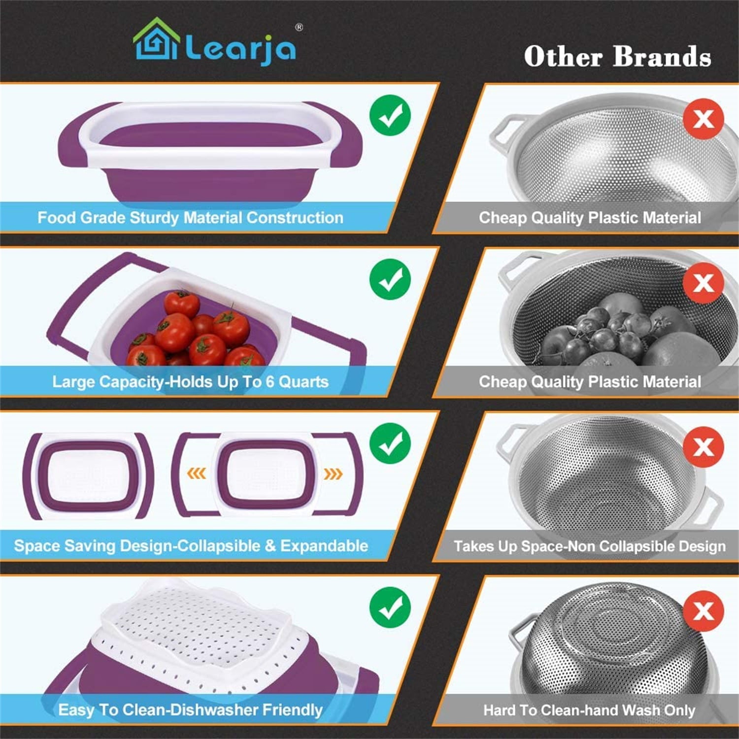 Kepooman Kitchen Over The Sink Collapsible Colander Strainer with Extendable Handles for Vegetable Fruit, Purple Kepooman Kitchen Over The Sink Collapsible Colander Strainer with Extendable Handles for Vegetable Fruit, Purple