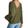 thumbnail image 3 of Women's Green Lace Patchwork V Neck Waffle Knit Top, 3 of 5