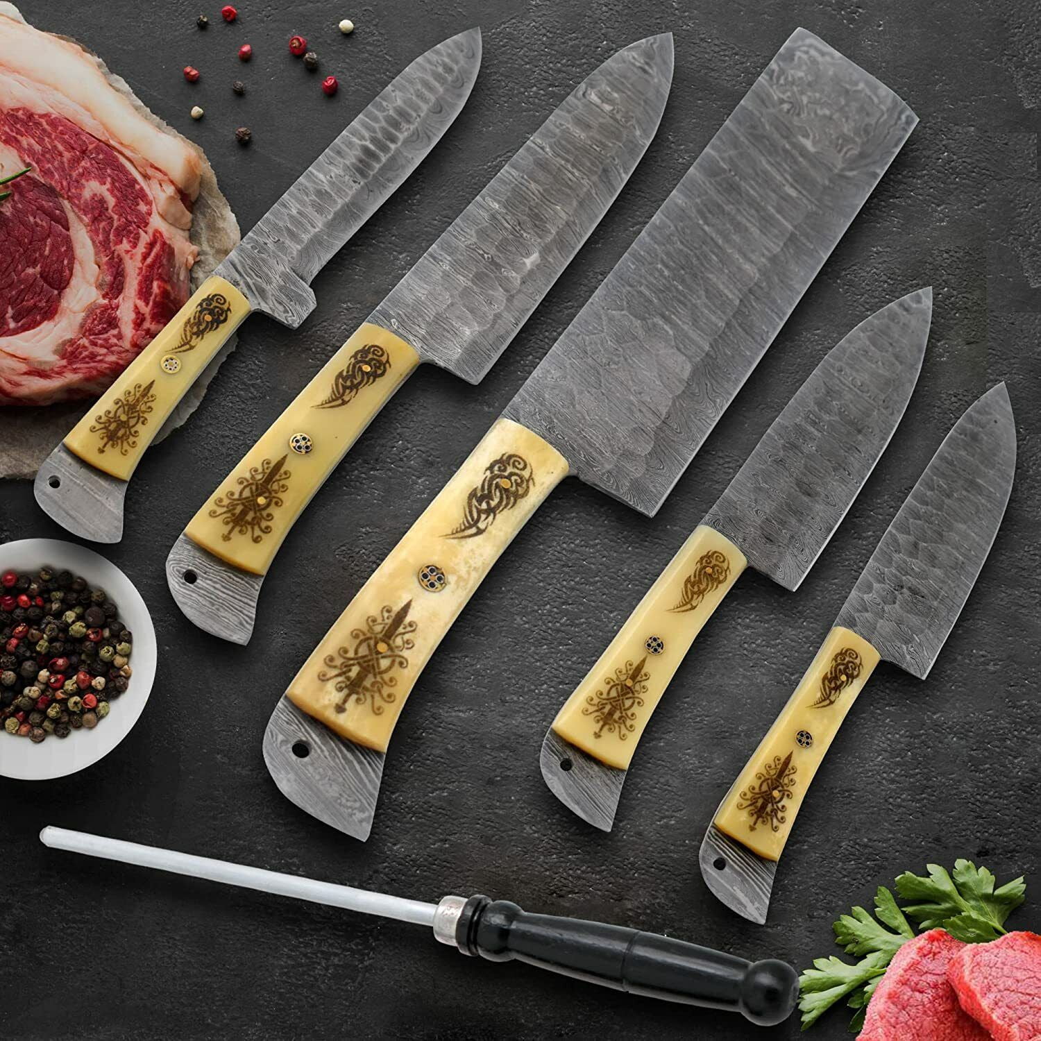 Professional Kitchen Knives Custom Made Damascus Steel 5 Pcs of Professional