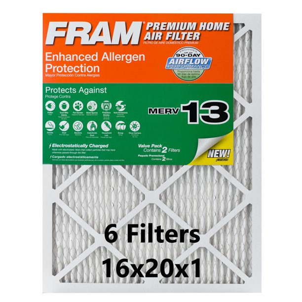 FRAM 16x20x1 Enhanced Allergen Protection HVAC Furnace Air Filter, MERV 13, 6Pack