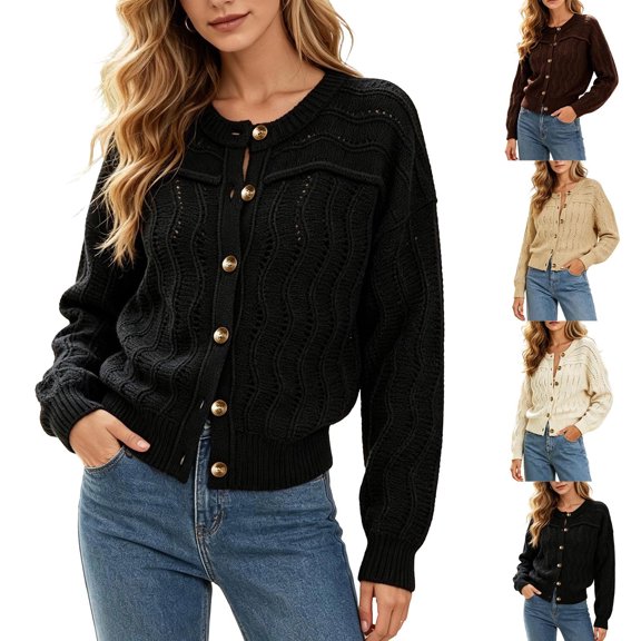 Tqcoqu Womens Cropped Hollow Out Knit Jacket, Round Neck Button Front Long Sleeve Solid Color Cardigan For 2026 Spring Fall