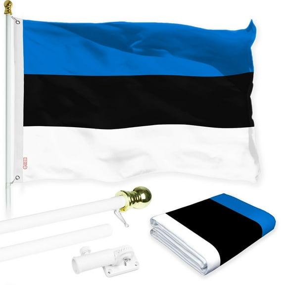 G128 Combo Pack: 6 Ft Tangle Free Spinning Flagpole (White) & Estonia Flag 3x5 Ft Printed 150D Polyester, Brass Grommets (Flag Included) Aluminum Flag Pole
