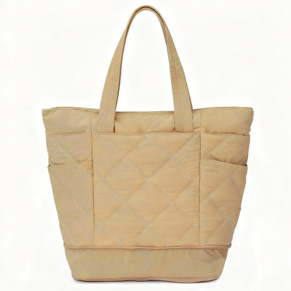 Puffer Quilted Tote Bag for Women with Expandable Bottom, Large Capacity Lightweight Shoulder Handbag for Work Commute School College Travel, Khaki