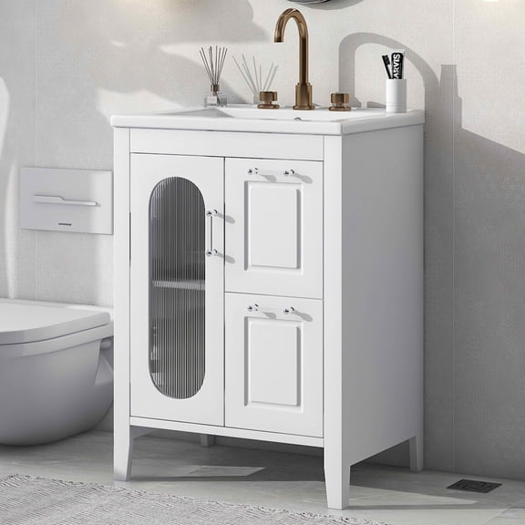 MAYEERTY 24" Bathroom Vanity with Sink 2 Drawers 1 Door Adjustable Shelf Solid Wood MDF White