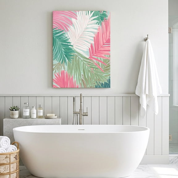 Pink Green Palm Leaves Canvas Wall Art for Living Room Bedroom Bathroom, Summer Tropical Botanical Coastal Canvas Art Wall Decor, Artwork for Walls Home Office Decor, 24"x32"