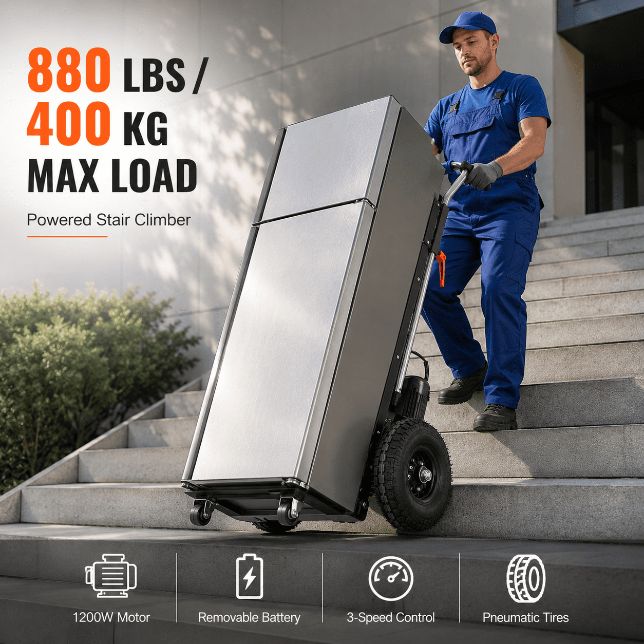 RXFSP 880 lb Capacity Electric Stair Climbing Hand Truck, Heavy Duty Motorized Stair Climber Dolly Cart for Straight & Curved Stairs, Powered Moving Cart for Appliances, Furniture & Heavy Loads