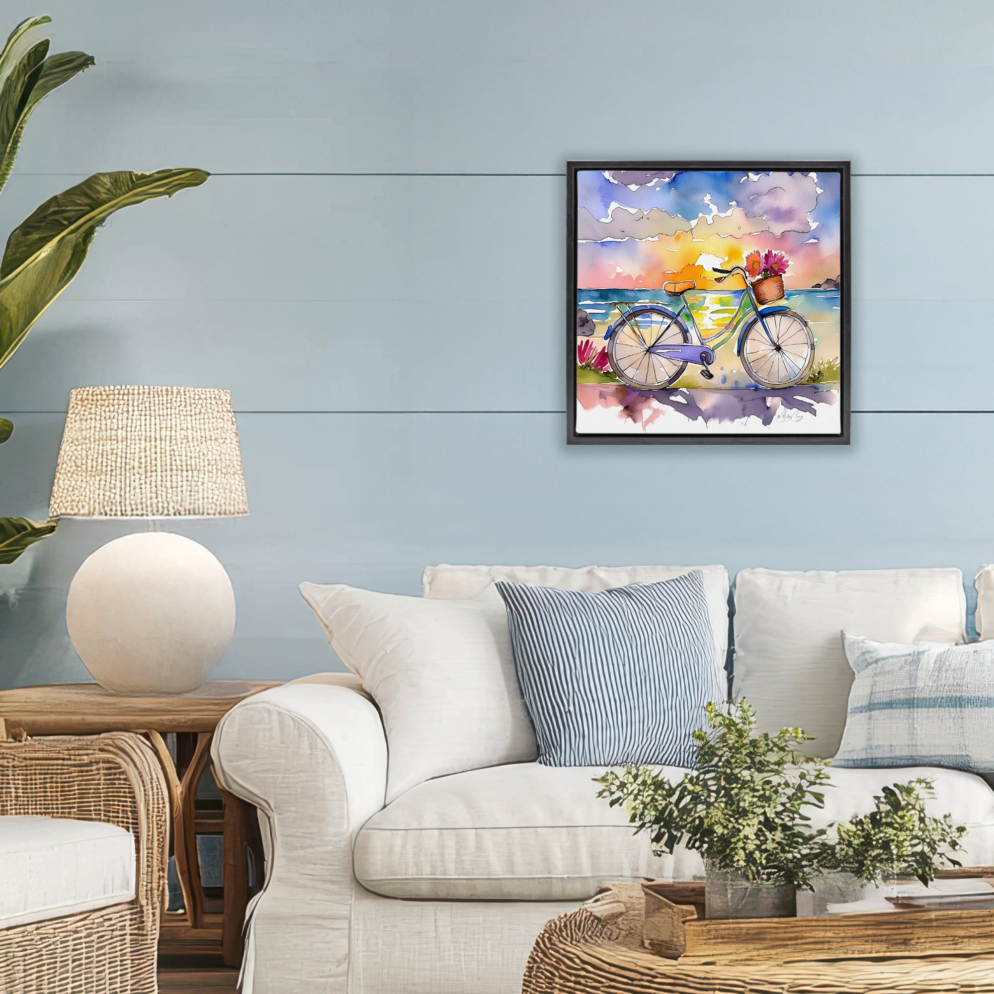 Stupell Industries Bicycle By The Seaside Black Framed Floater Canvas Wall Art, design by Shelly Craig