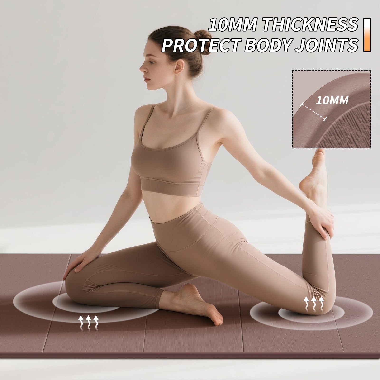 BAIMA Foldable Yoga Mat 10mm Thick , Workout Mats for Home Gym , Pilates,Quick Unfold/Stor,Non-Slip Surface,3.5lbs(Brown)