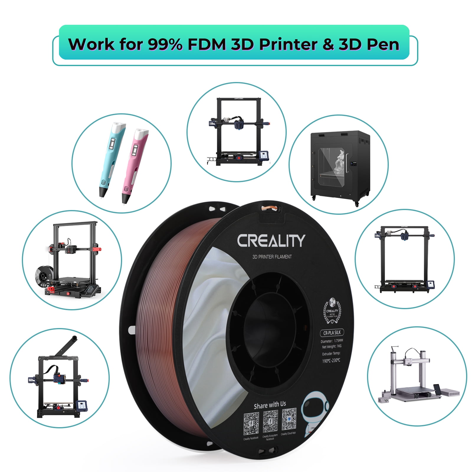 Creality 3D Printing Silk PLA Filament 3D Printer Rainbow Shiny Filaments 1.75mm Neatly Wound Dimensional Accuracy +/- 0.03 mm Silk Smooth Printing 2.2lbs for Most 3D Printers