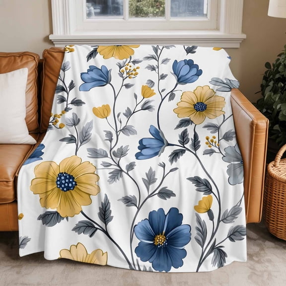 Throw Blanket for Couch Blue Yellow Flower Soft Fleece Flannel Blankets Cozy Lightweight Blanket for Home Sofa Living Room Vintage Floral Bed Throws 30" x 40"