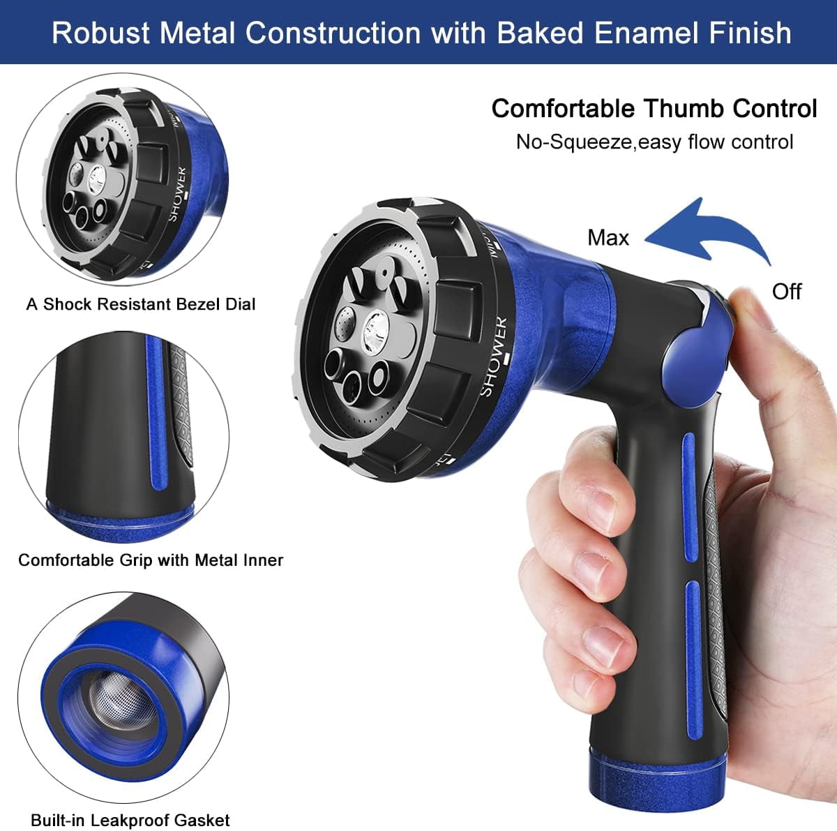 FANHAO Garden Hose Nozzle with Thumb Control, 100% Heavy Duty Metal Watering Nozzle 8 Spray Patterns