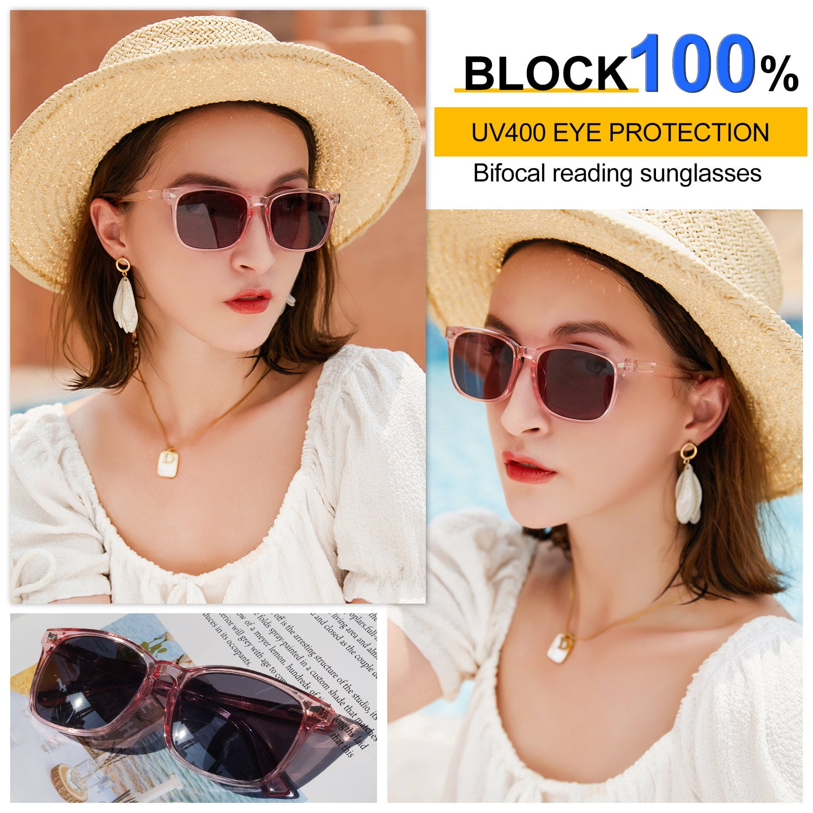 MARE AZZURO Bifocal Reading Sunglasses Women Trendy Square Outdoor Readers 0.0 1.0 1.5 2.0 2.5 3.0 3.5 4.0 (Pink, 1.00)