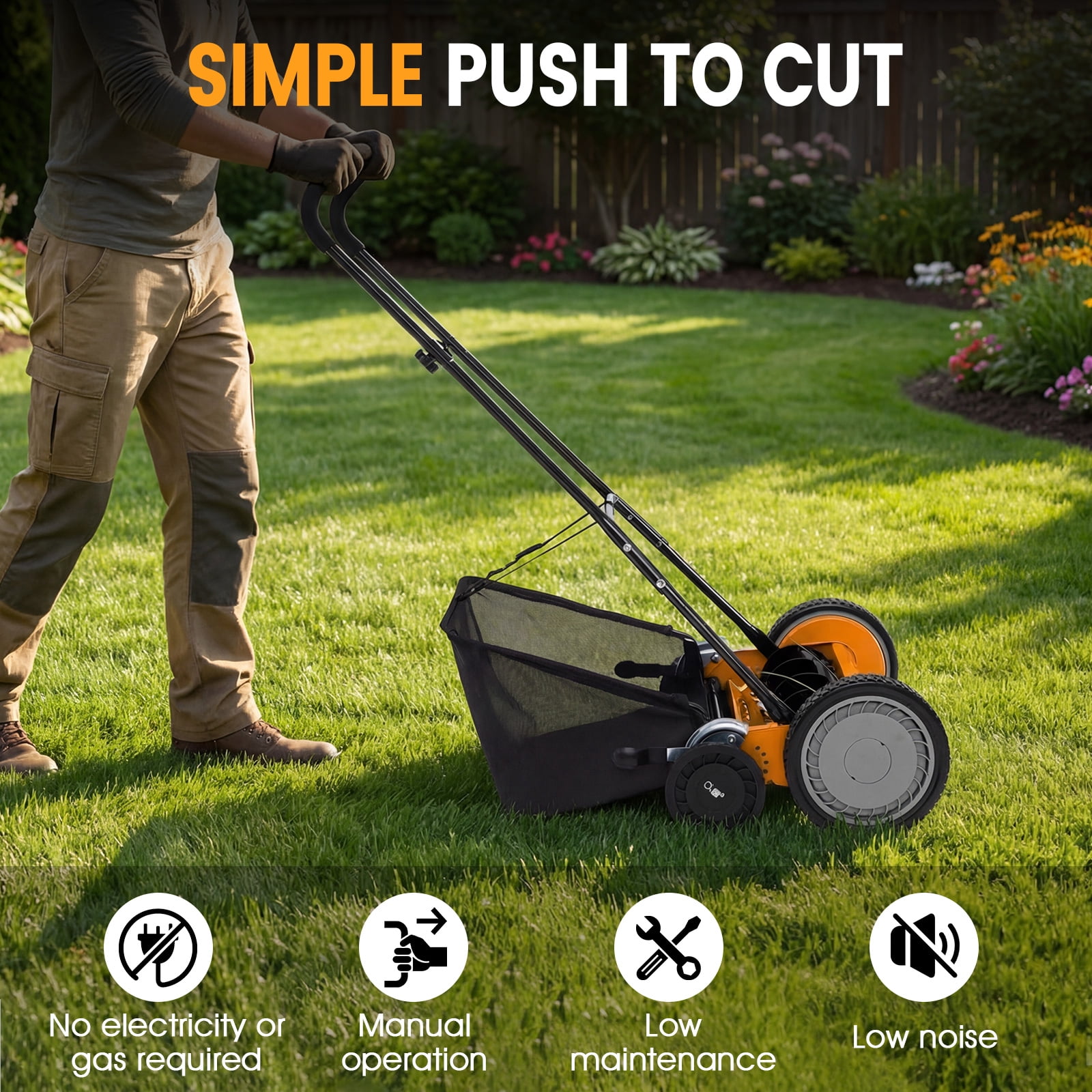 Ironmax 18” Push Reel Lawn Mower, 5-Blade Manganese Steel Manual Grass Cutter for Yard Orange