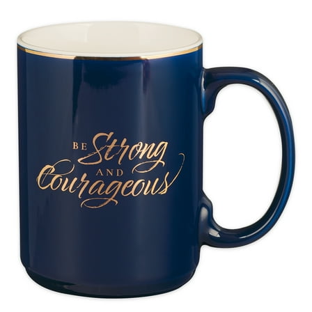 Christian Art Gifts Large Ceramic Inspirational Coffee & Tea Scripture Mug for Men & Women: Strong & Courageous Encouraging Gold Bible Verse, Sturdy Non-toxic Lead/Cadmium-free Cup, Navy Blue, 14 oz.