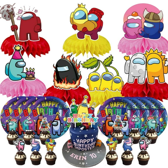 Among Us Party Supplies Decor Plates Fans Decorations Honeycomb Centerpieces Cake Toppers