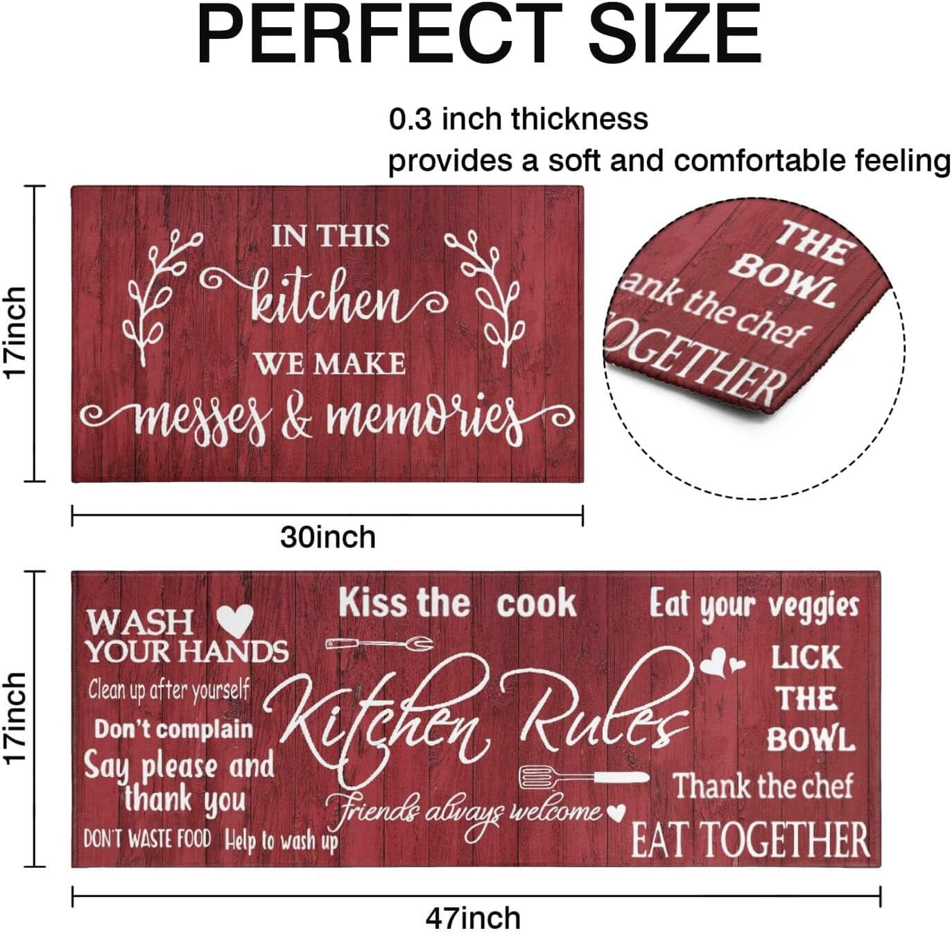 Red Farmhouse Kitchen Rug Sets of 2 Piece Non Slip Kitchen Rugs and Mats Washable Kitchen Mats for Kitchen Floor Mat Carpet Runner Rugs for Hallway Laundry Decor 17”x30“+17'''' X 47''''