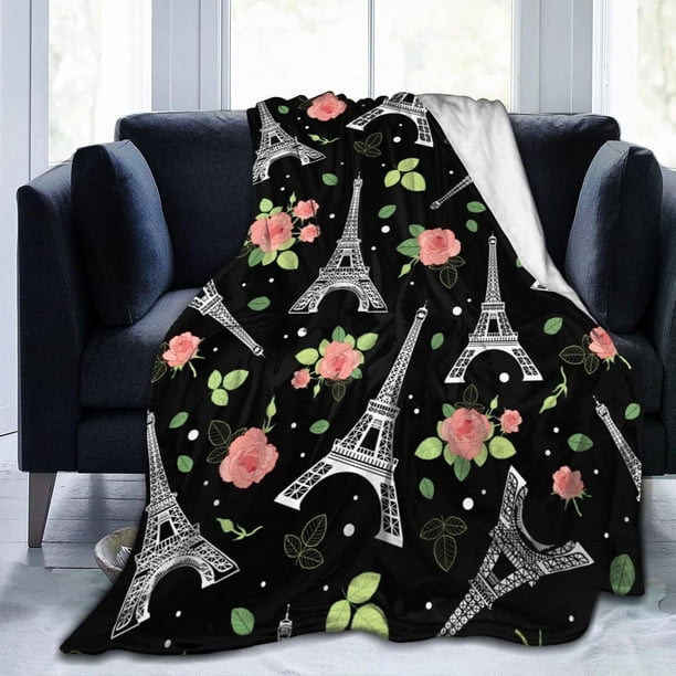 Manta de forro polar ultra suave y cálida para todas las estaciones con diseño de la Torre Eiffel de París y rosas (negra), decorativa para el día de San Valentín, para cama, silla, sofá, dormitorio,