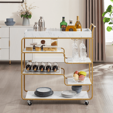 6-Tier Bar Cart, Slide Bar Serving Cart, Retro Style Wine Cart for Kitchen, Beverage Cart with Wine Rack and Glass Holder, Rolling Drink Trolley for Living Room, Dining Room