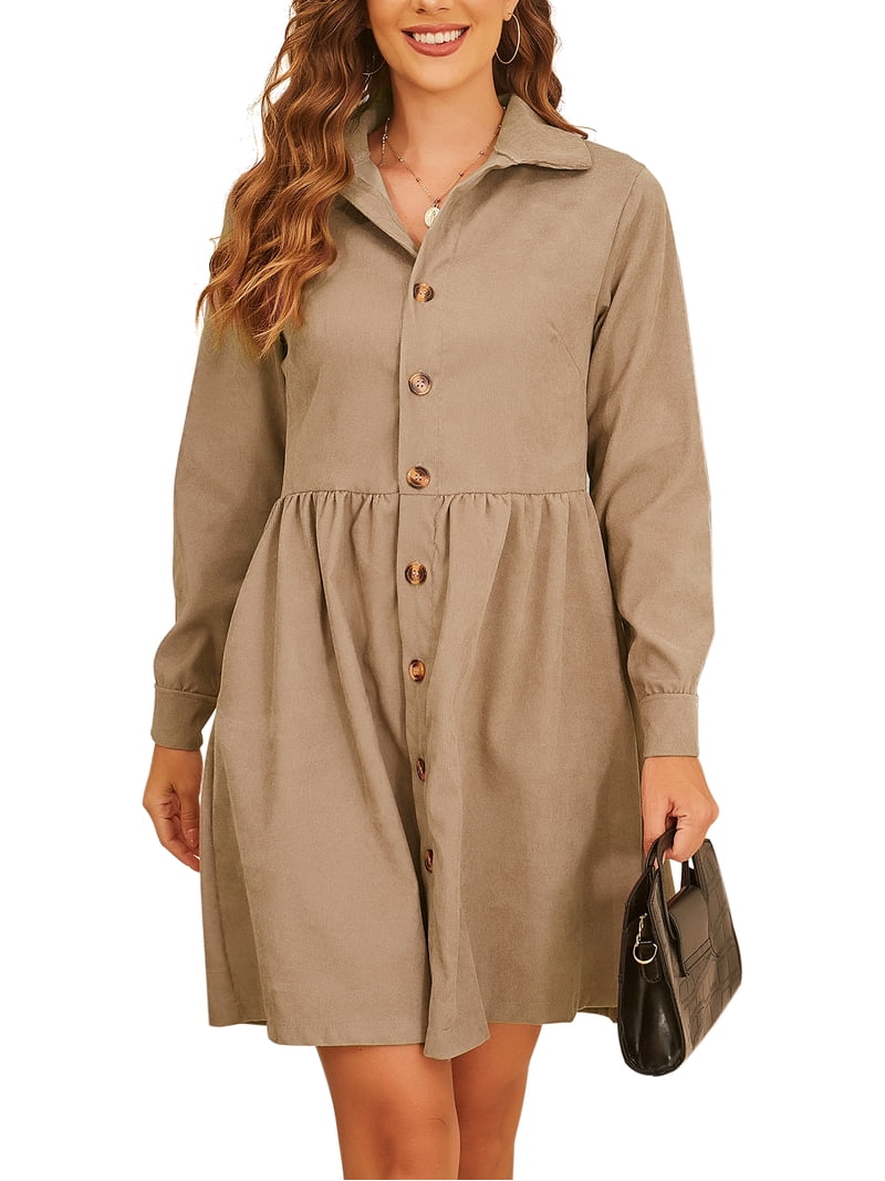 UKAP Lady Corduroy A Line Buttons Down Collar Flared Dress Long Sleeve  Business Blouse Swing Midi Dresses for Women - Walmart.com