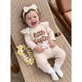 thumbnail image 3 of Cjfdfy Newborn Baby Girls Fall Outfit Long Sleeve Little Sister Letter Embroidery Romper Pants Headband 3-piece Set  Infant Baby Girl Ruffle Long Sleeve Ribbed Fall Winter Clothes, 3 of 6