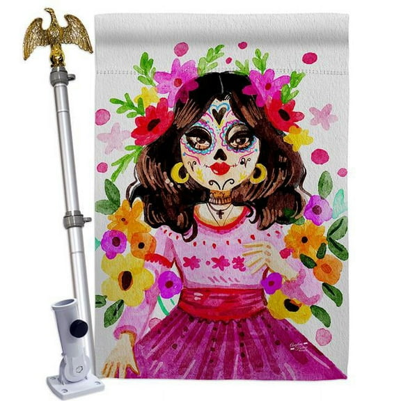 Angeleno Heritage HS130410-P3-02 La Catrina Falltime Day of Diad 28 x 40 in. Double-Sided Decorative Vertical House Flag Set for Decoration Banner Garden Yard Gift