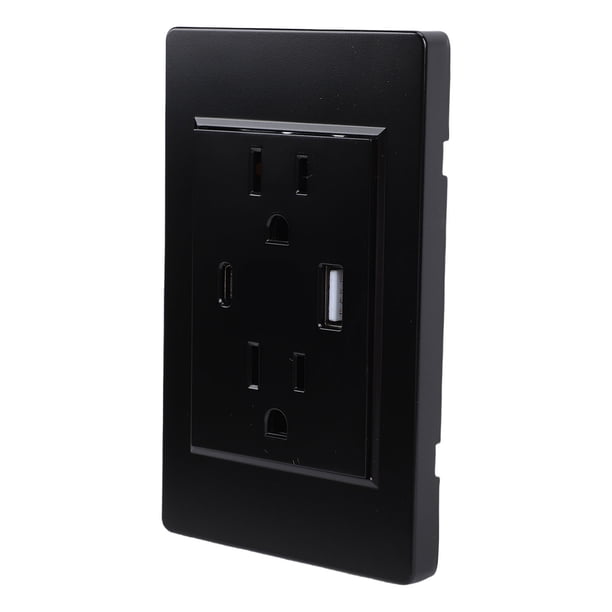 Toma De Corriente Tomacorrientes Duales De 3 Clavijas Y Puertos De Carga USB Tipo C Panel De 118 Receptáculos Negro 15A