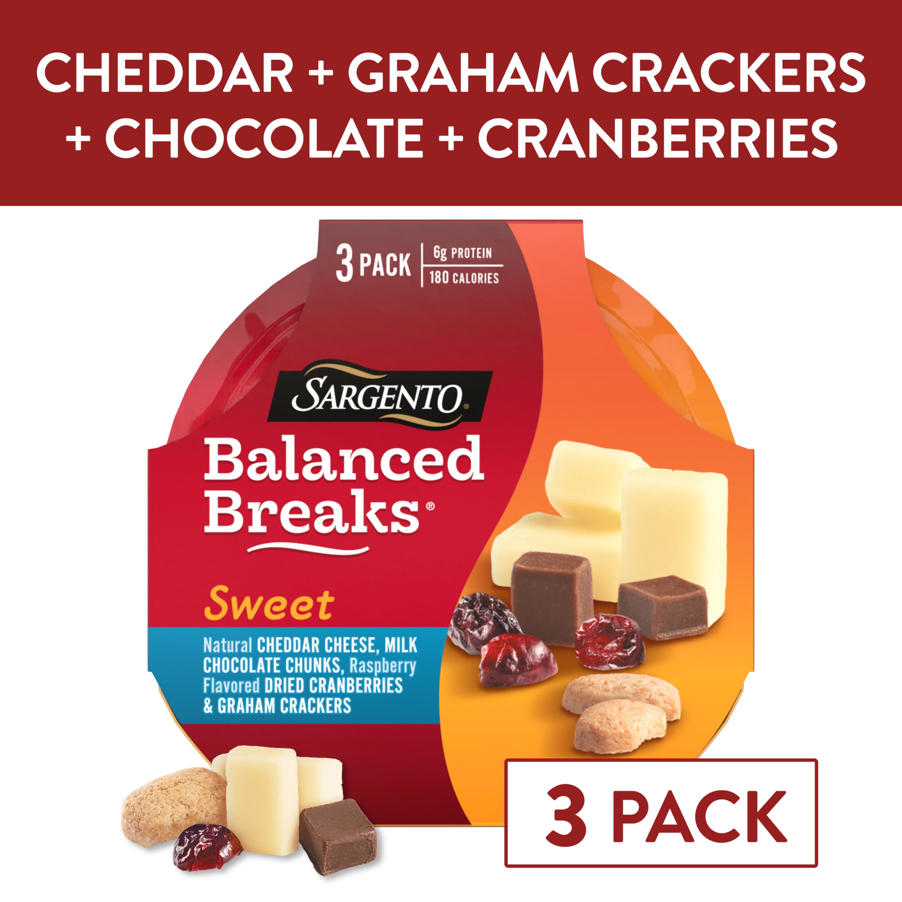 Sargento® Sweet Balanced Breaks® Natural Cheddar Cheese, Milk Chocolate Chunks, Raspberry Flavored Dried Cranberries and Graham Crackers, 3-Pack
