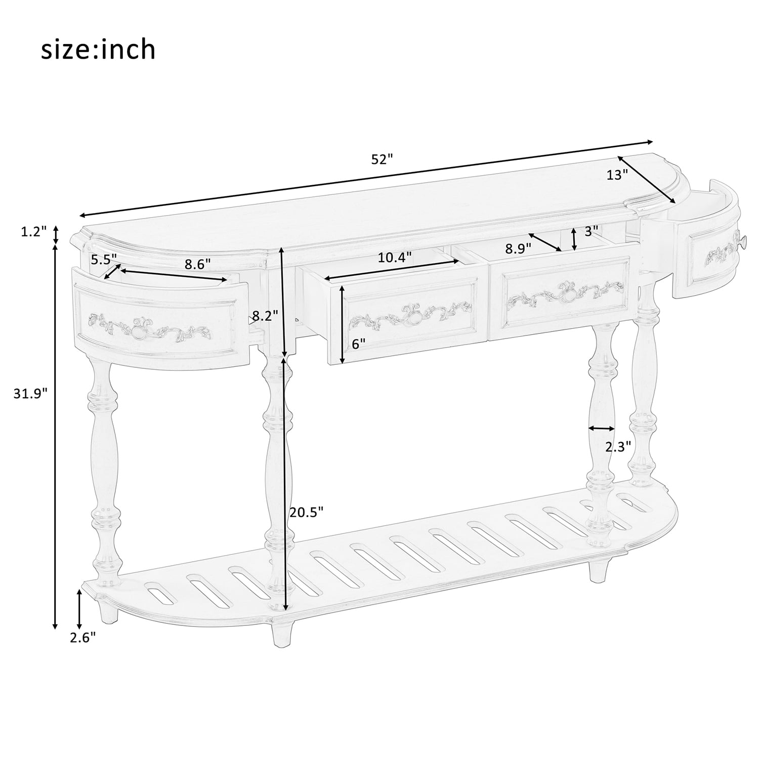 Kadyn Contemporary Curved Console Table, 52" French Entryway Table with 4 Drawers and Storage Shelf, MDF Country Sofa Table for Hallway Living Room, Sideboard Buffet , Antique Gray