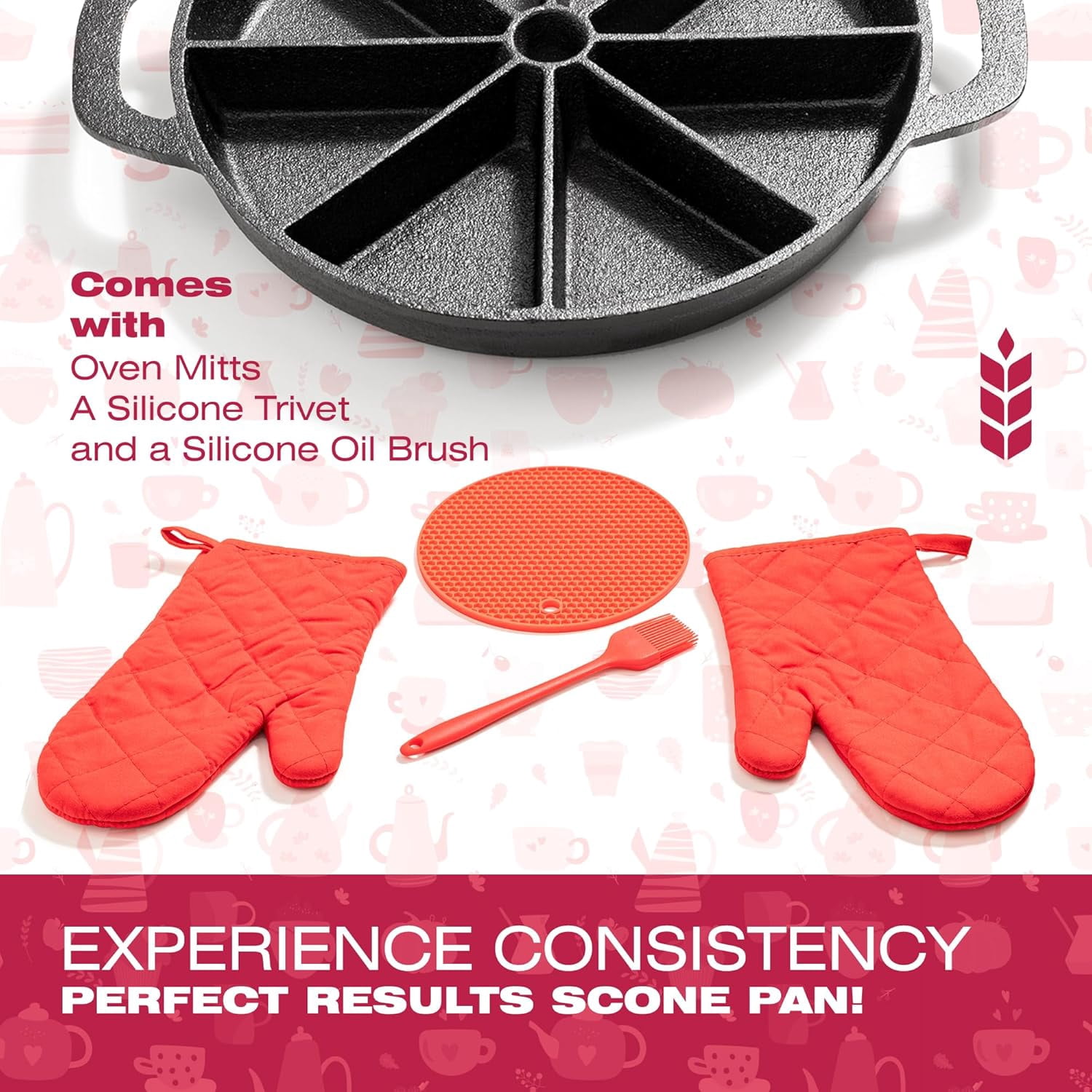 Cast Iron Scone Pan with 8-Slot Design for Baking, Cornbread & More - Includes Oven Mitts, Trivet & Oil Brush