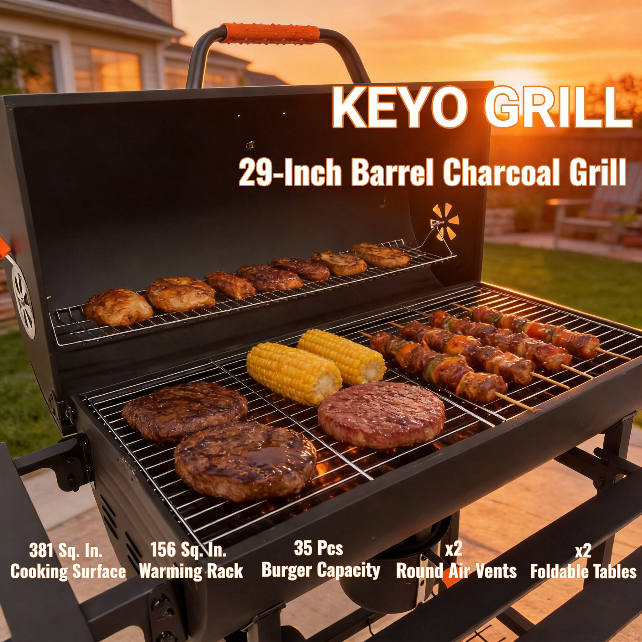 KEYO GRILL 537 SQ in Charcoal Grill with Foldable Side Shelf,Removable Ash Pan for Backyard,Black