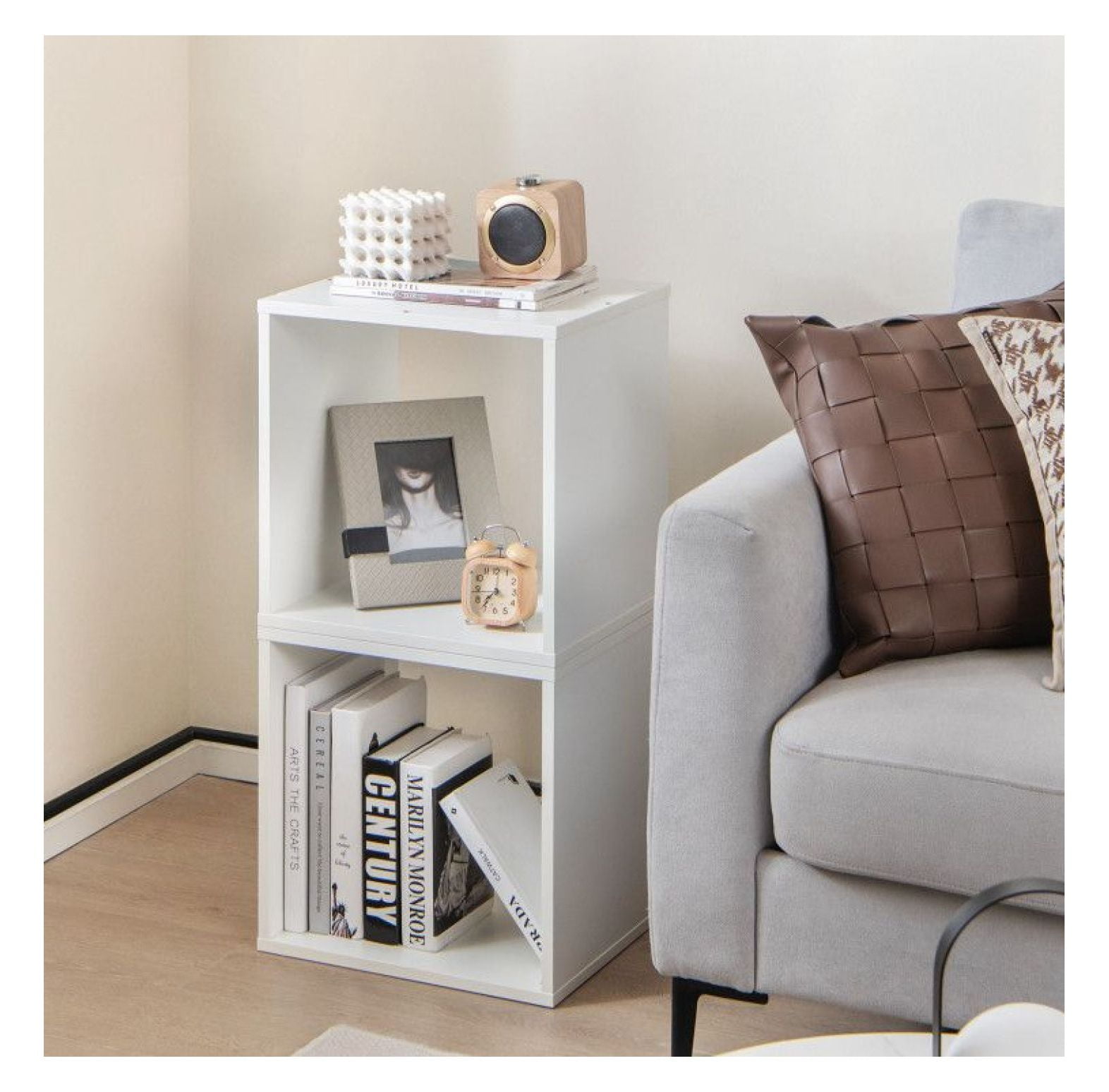 Cube Storage Organizer Set of 2, 15x15x13in Engineered Wood Bookcase, Living Room Bedroom Shelving Unit, Display Rack for Vinyl Records & Decor, White/Natural