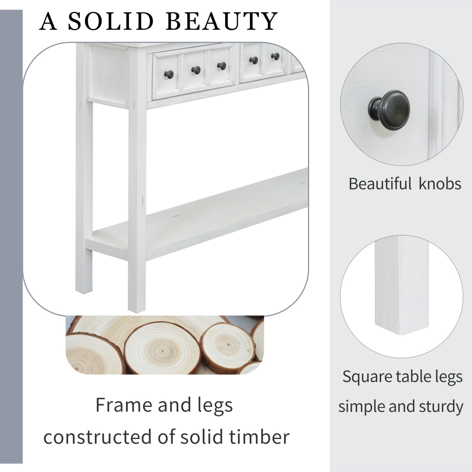 60-Inch Rustic Entryway Console Table, Long Sofa Table with 2 Small Drawers and 2 Larger Drawers, Bottom Shelf for Storage (Antique White)