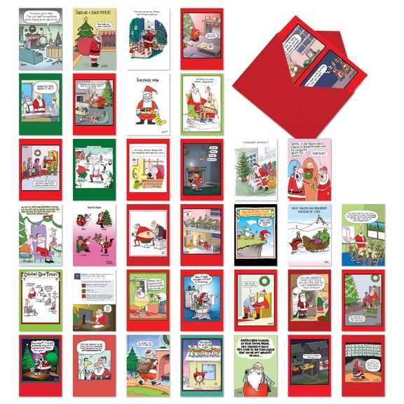 NobleWorks 36 Assorted Box Set Funny Christmas Greeting Cards w/5 x 7 Inch Envelopes (36 Designs, 1 Each) Fun Santas AC10710XSG-B1x36