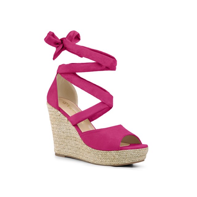 BLISSFUL STEP Chaussures pour Femmes Espadrilles à Lacets Sandales Compensées à Plateforme Rose Vif 7