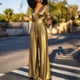 thumbnail image 5 of Ruohan Women's Metallic V-Neck Wide Leg Jumpsuit Party Romper, 5 of 7