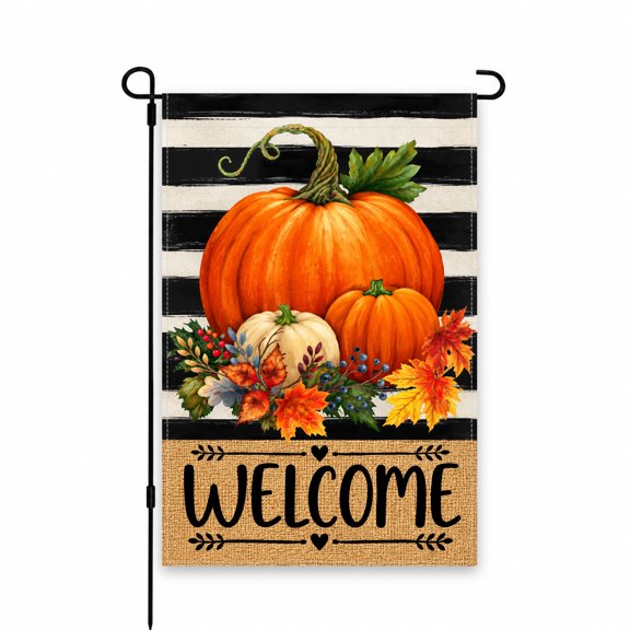 Welcome Pumpkin Garden Flag 12x18 Inch - Fall Harvest Outdoor Decor for Yard, Patio, Porch - Autumn Seasonal Striped Design with Leaves & Gourds