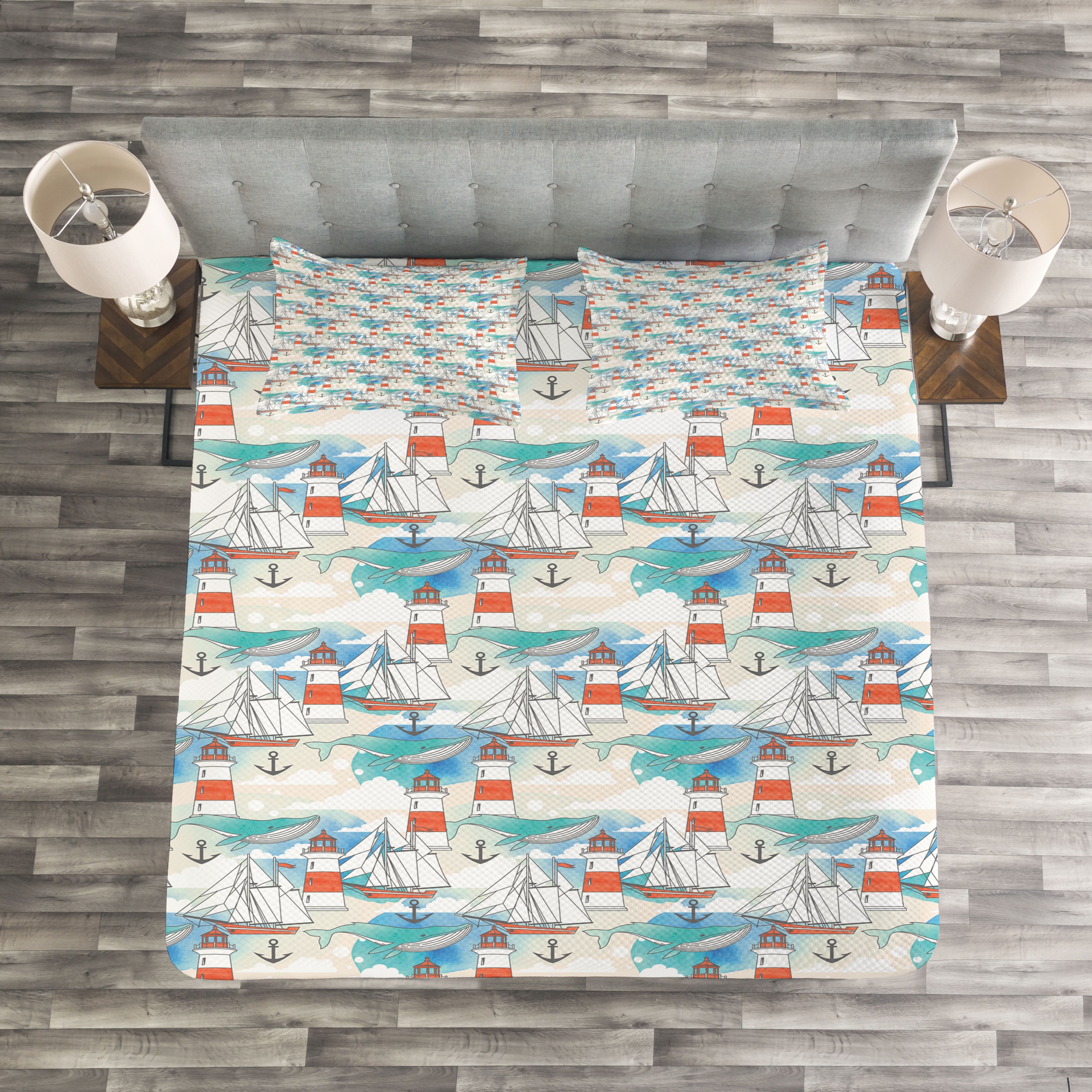 Lighthouse Bedspread, Abstract Whale Anchor and Boats Pattern Sky