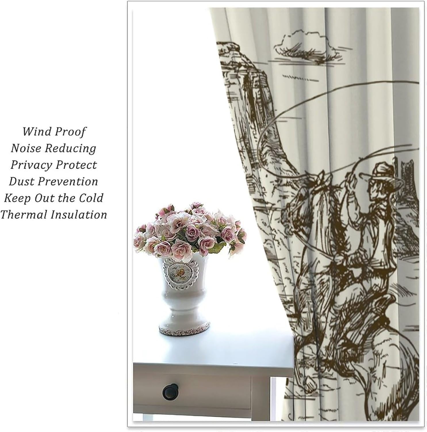 Vintage American Wilderness Western Cowboy Blackout Curtains for Bedroom,Sketch Style Western Cowboy Cacti Room Darkening Window Curtains with Rod Pocket - 2 Panels 84" L x 42" W