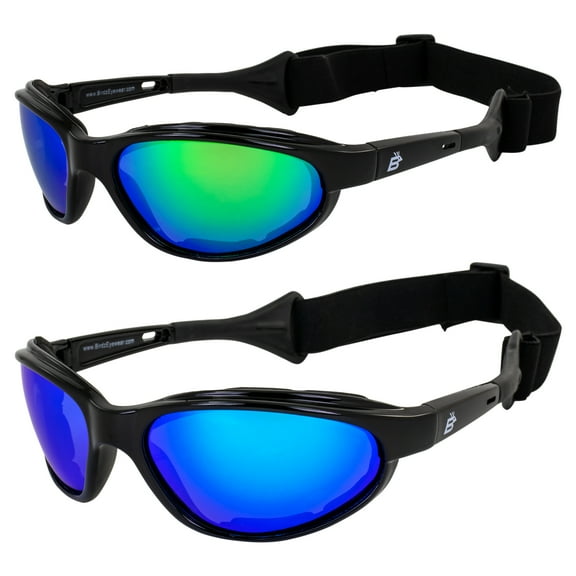 Birdz Eyewear Sail Padded Jetski Sunglasses Goggles Polarized Sports Watersports Boating Fishing for Men or Women 2 Pairs Black Frame w/Green & Blue Mirror Lenses