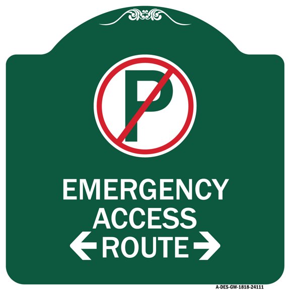 SignMission A-DES-GW-1818-24111 18 x 18 in. Designer Series Sign - Emergency Access Route with Bidirectional Arrow, Green & White