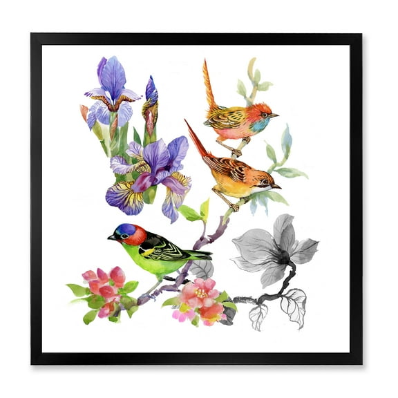 Designart 'Colourful Birds and Tropical Flowers I' Traditional Framed Art Print
