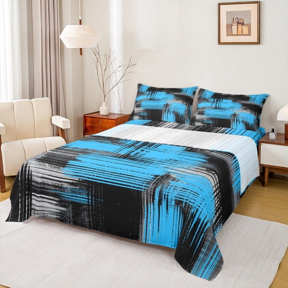 Manfei Abstract Graffiti Art Twin Sheet Sets,Oil Painting Twin Fitted Sheet,Gradient Blue Black Gray Flat Sheet For Child,Microfiber Bedroom Decor,3pcs