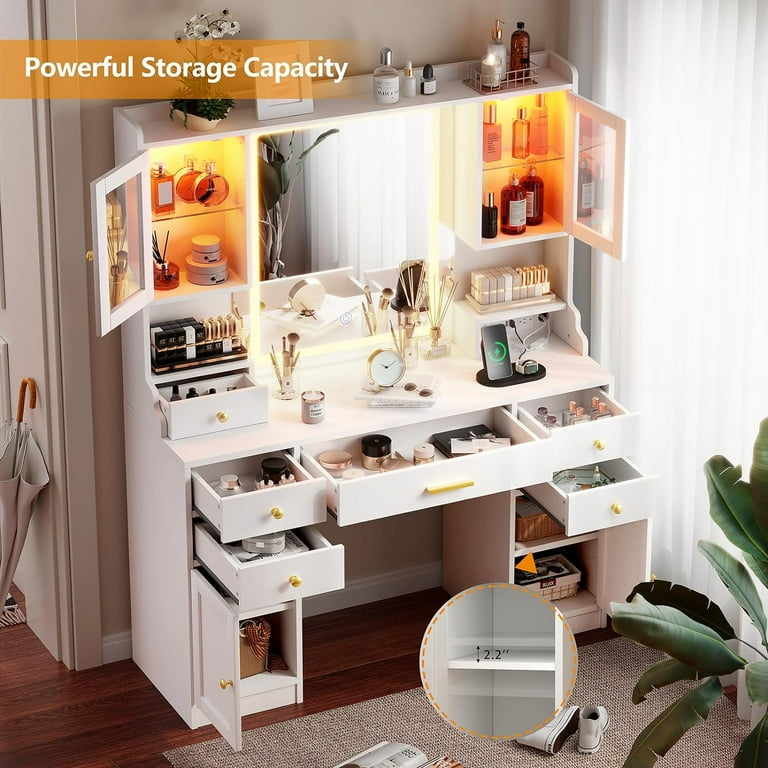 White Makeup Vanity Desk with Mirror, RGB Cabinets, 3 LED Modes