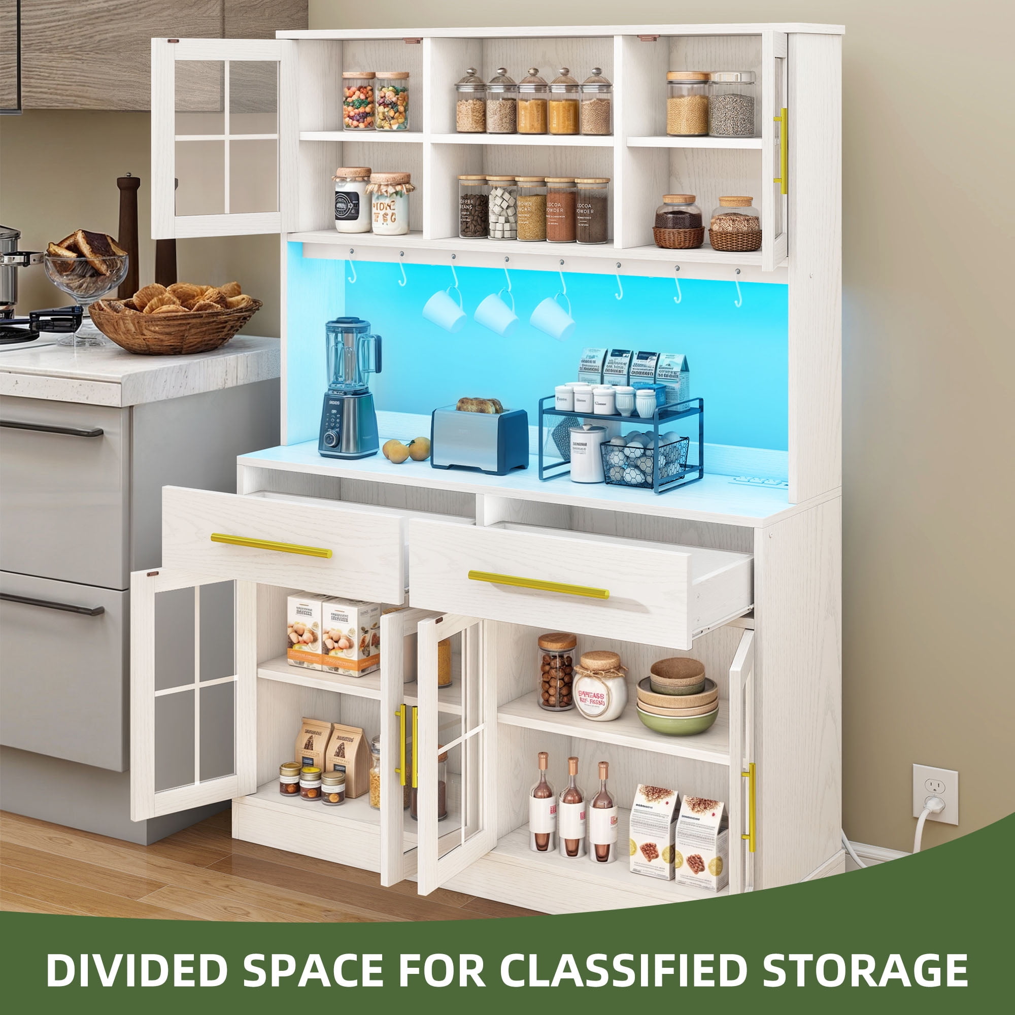 Uforic 71'' Tall Kitchen Pantry Storage Cabinet with 6 Doors, 2 Drawers, Freestanding Kitchen Hutch with Microwave Stand & Power Outlet, White